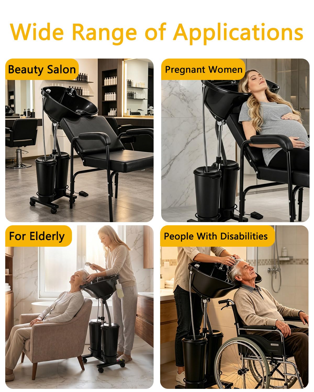 Artist hand Portable Shampoo Bowl with Electric Pump, Portable Hair Washing Sink for Home & Barber, Adjustable Height, Dual-Bucket Design, Drain Hoses, High-Pressure Sprayer, Foot Pedal Switch, Black