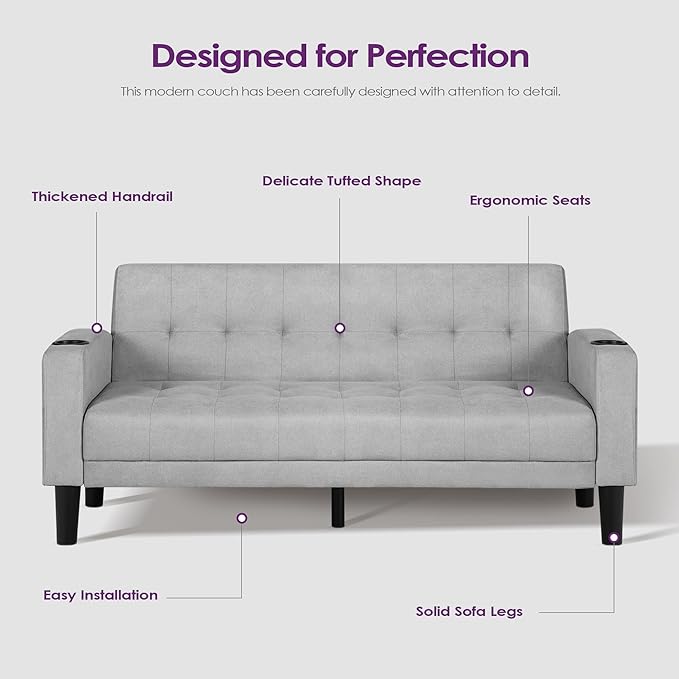 TYBOATLE Sofa Couch, Living Room Furniture Sectional Sofa Sets 2 Pic, Tufted Mid-Century Loveseat w/USB, Cupholders & Comfy Single Sofa for Small Space, Apartment, Office (Light Grey)