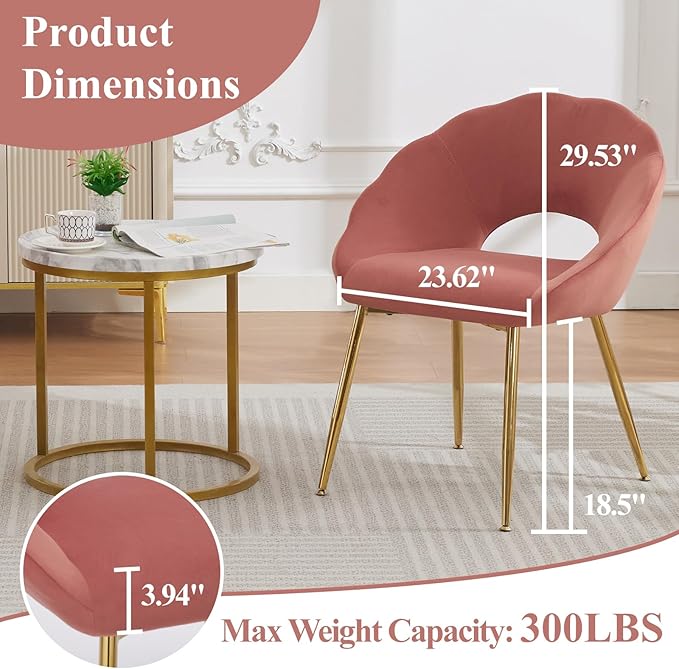 YDcosyfy Modern Small Accent Chair Set of 2, Comfy Velvet Vanity Chair with Shell Back & Golden Metal Legs, Decorative Chair no Wheels for Living Room, Makeup Room, Bedroom, Pink