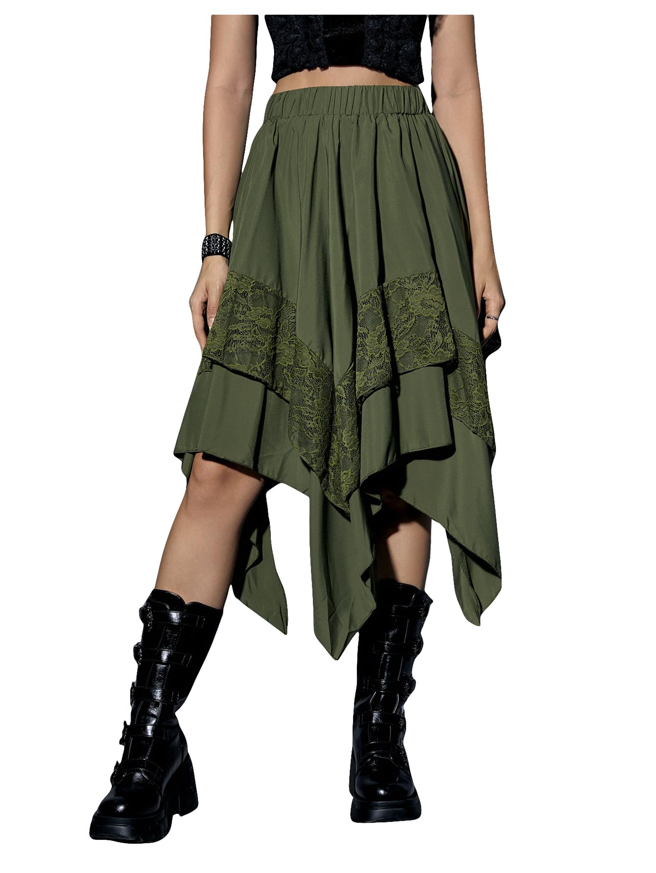 Verdusa Women's Renaissance Flowy Fairy Skirt Y2k Contrast Lace Layered Asymmetrical Midi Skirts Army Green X-Small