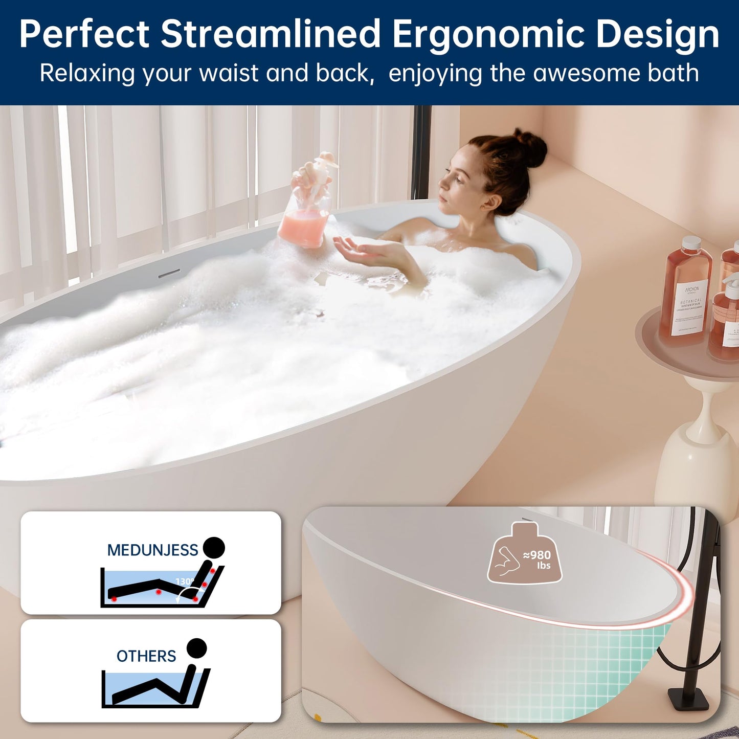 MEDUNJESS 65'' Freestanding Bathtub Resin Stone Soaking Freestanding Tubs Matte Solid Surface Flatbottom Tub with Overflow and Pop-up Drain - White…