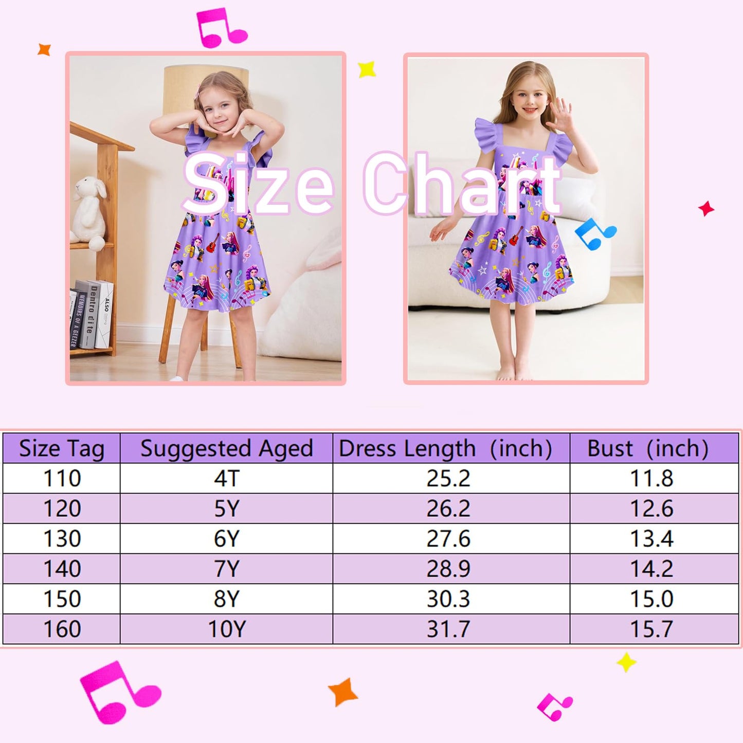 Girls Fashion Dress Kids Pop Singer Graphic Dresses Novelty Party Outfit Birthday Gift 9-10 Years Purple