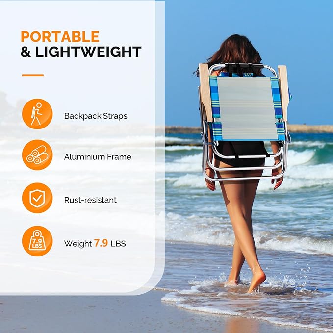VINGLI Aluminum 13" Backpack Beach Chair – Tall Beach Chairs for Adults, Portable with Adjustable Straps, 3-Position Reclining, Cup Holder, High Lightweight Beach Chairs for Beach