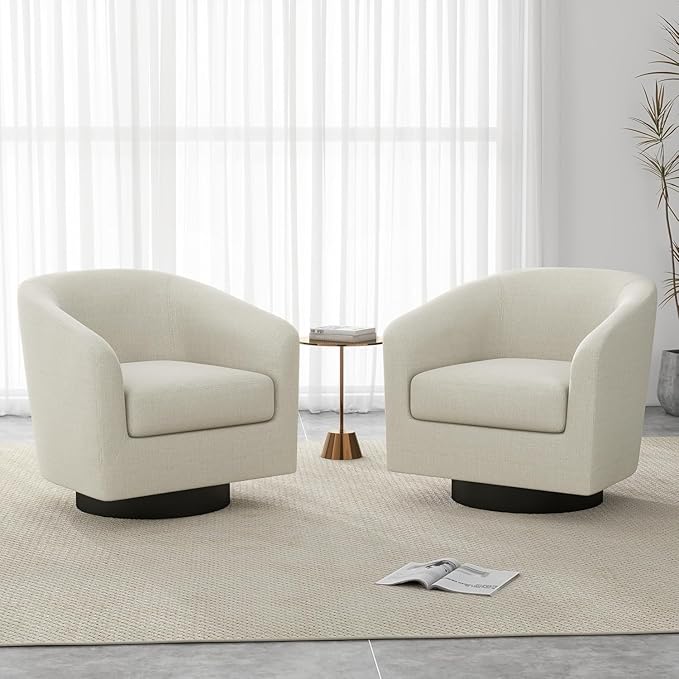 UIXE Swivel Barrel Accent Chairs Set of 2, Fabric Upholstered Armchair Modern Round Club Arm Chair for Living Room, Comfy Single Sofa Seating Bedroom Side Reading Seat - Beige