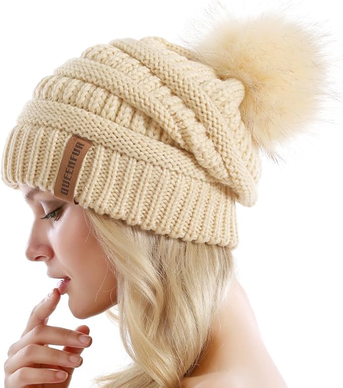 QUEENFUR Women Knit Slouchy Beanie Chunky Baggy Hat with Faux Fur Pompom Winter Soft Warm Ski Cap