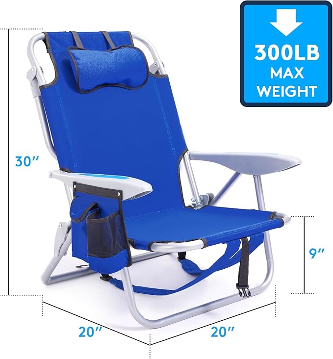 Canpsky Portable Beach Chair for Adults, Outdoor Camping Chair Lay Flat Folding Backpack Beach Reclining Chair with 5 Positions, Headrest, Zipper Pouch, Cup Holder, Blue