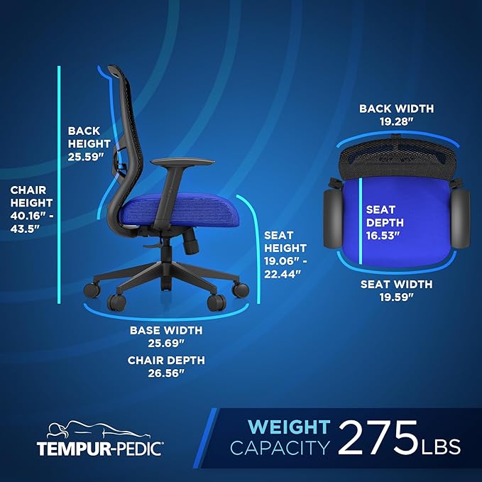 Tempur-Pedic ProTask Executive Task Office Chair with Cooling Gel Layer and Built-in Lumbar Support, Height-Adjustable Ergonomic Mesh Office Desk Chair, Blue