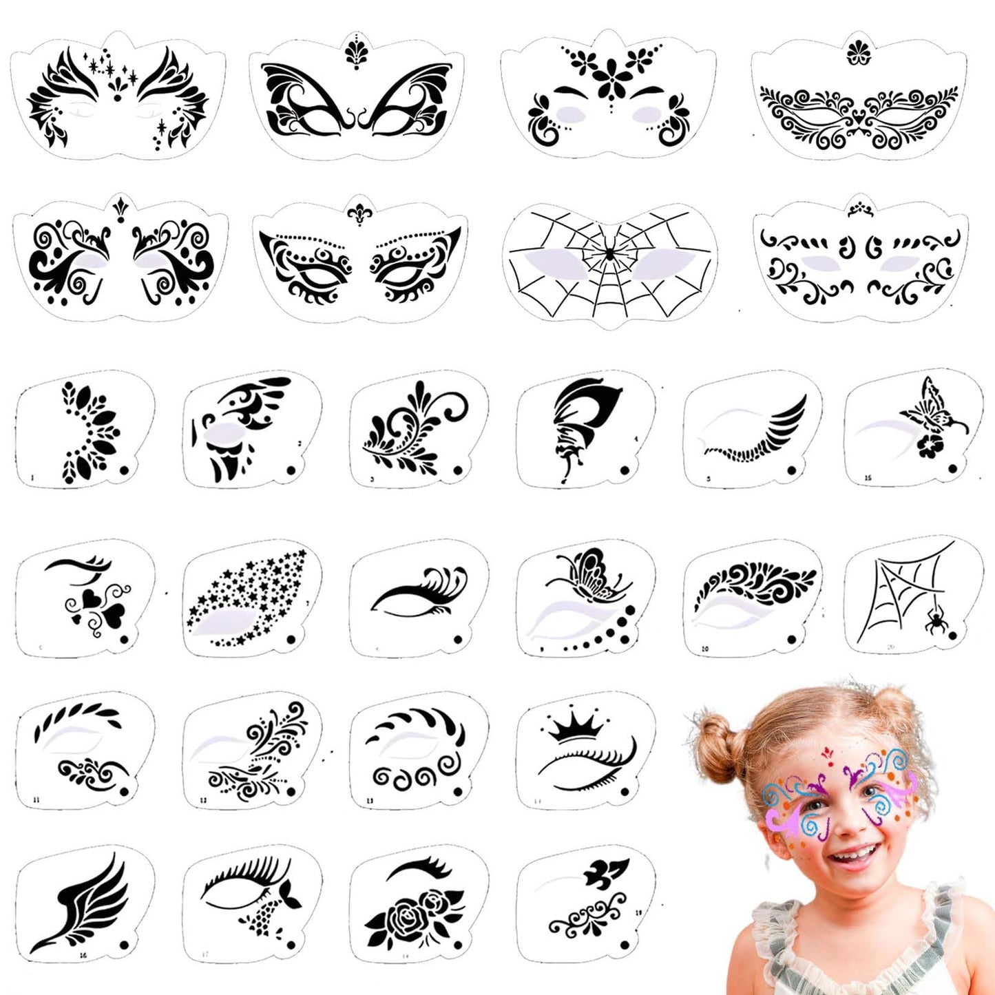 Twpribarn 28 Pcs Face Paint Stencils Kit - Reusable Face Tattoo & Body Makeup Painting Templates for Kids & Adults - Mix01