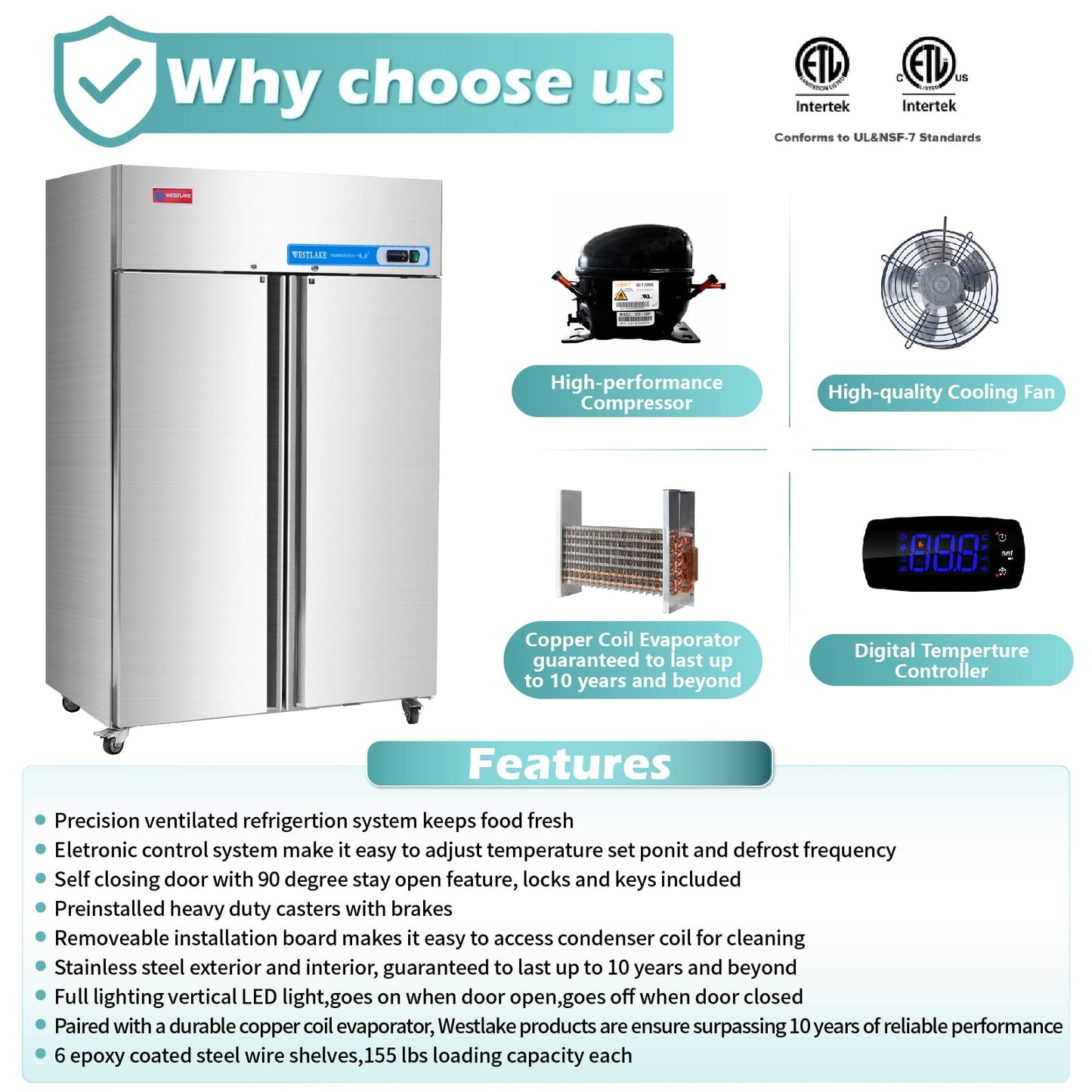 WESTLAKE Commercial Freezer 48"W 2 door 2 Section Stainless Steel Reach in Solid door Fan Cooling 36 Cu.ft Freezer for Restuarant, Bar, Shop, etc