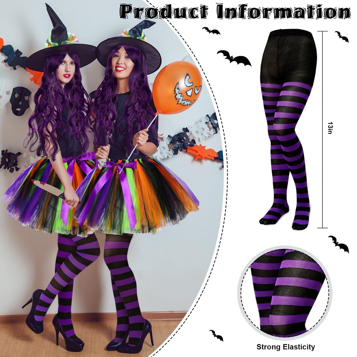 Kigeli 4 Pcs Halloween Witch Costume Set for Women Witch Tutu Outfit Skirt Hat Wig Striped Tights Cosplay (Green Purple)