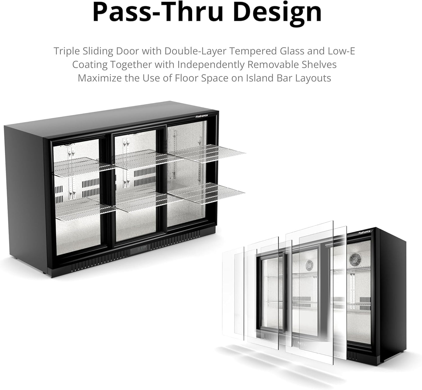 Frostronics 54 in. 335 cans Triple Sliding Door Back Bar Beverage Cooler, 10.8 cu. ft. Under Counter Glass Door Bar Fridge, lockable, 32-50°F Display Refrigerator, ETL & NSF7 Certified