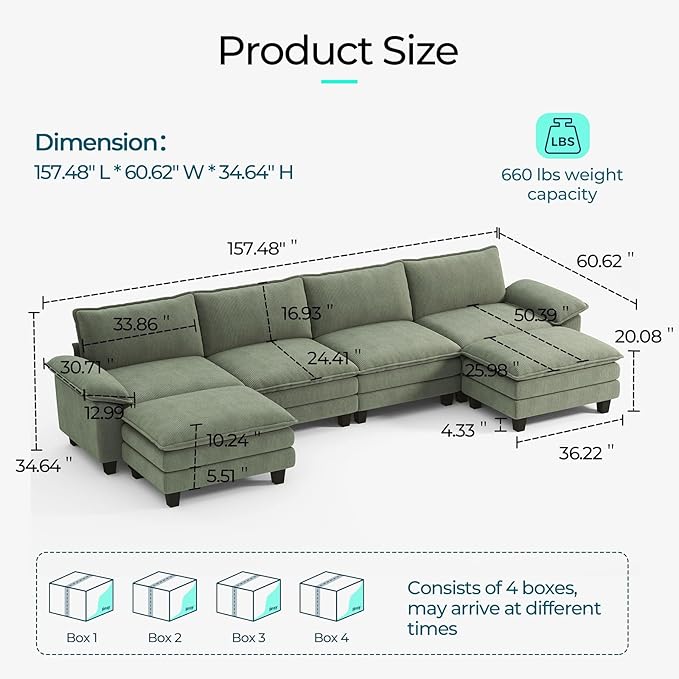LINSY HOME 157'' Modular Sectional Sofa Green Couch Corduroy Cloud Couches for Living Room, U Shaped Couch with Movable Ottoman, Modern Cloud Sectional Sofas for Bedroom and Apartment, Green