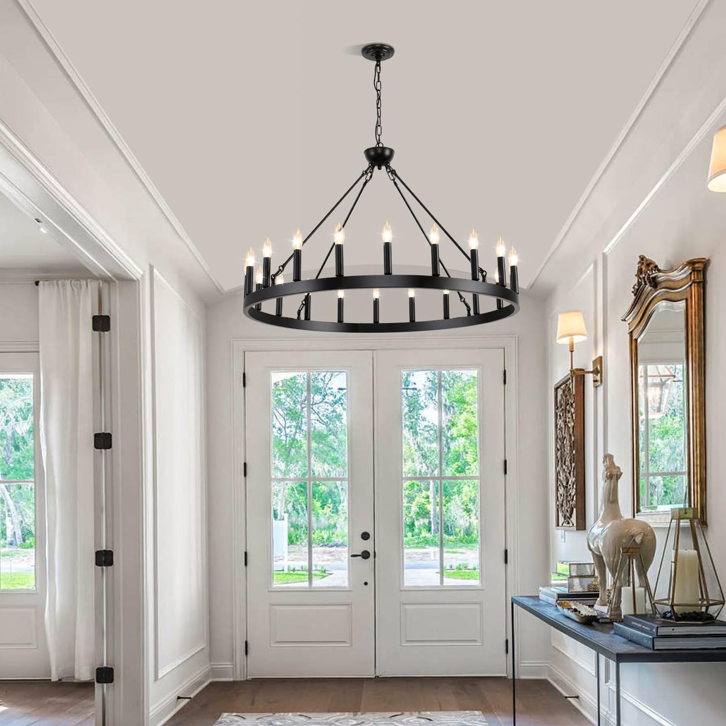 VBKK Wagon Wheel Chandeliers 40" 20-Light, Black Modern Farmhouse Chandelier with Adjustable Height, Hanging Island Light Fixture for Dining Living Ceiling Room Outdoor