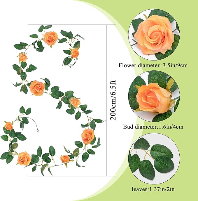 U'Artlines 3 Pack Artificial Orange Rose Vines Floral Garlands Total 19.5 Ft Fake Vine Silk Flower Garland for Indoor Outdoor Home Wedding Arch Garden Wall Decoration