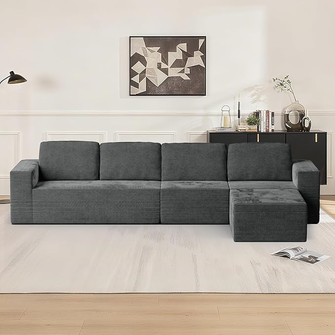 Furnify 136" Cloud Sectional Couch, Left/Right Facing Convertible Sofa with Deep Seat, L-Shape Modular Upholstered Foam Couch for Living Room Bedroom, No Assembly Required (Corduroy Fabric, Grey)