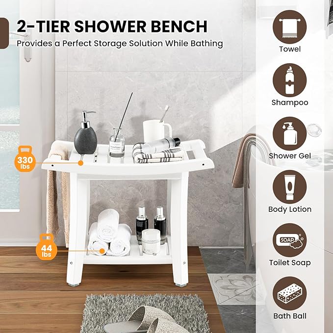 GOFLAME 2-Tier Shower Bench, Spa Bath Shower Stool with Curved Seat, 2 Easy-to-Grip Handles, Storage Shelf & Non-Slip Foot Pads, Waterproof Shower Chair for Bathroom, Living Room, Entryway, White