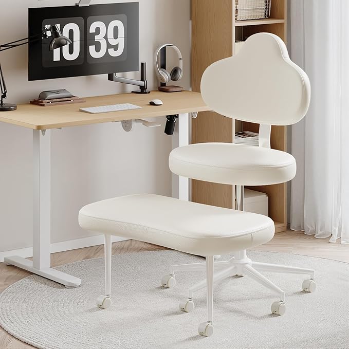 Cross Legged Office Chair with Wheels for ADHD, Ergonomic 360° Swivel Height-Adjustable Meditation Chair for Yoga, Kneeling Chair with 4 inch seat Cushion and Lumbar Support, PU Leather, Off White