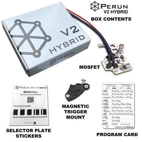 Perun V2 Hybrid MOSFET for Airsoft AEG with Tokyo Marui V2 Gearbox Design - Programmable Trigger Modes, Fire Modes, DMR Mode, & Low Battery Alert - Rear Wired