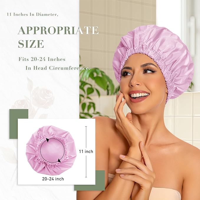 Reusable Shower Cap for Women, Large Waterproof Shower Essentials Bonnet Washable Elastic Band Bath Hair Wrap Hat for Long Hair, Braids(Purple)