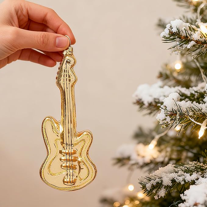 WDS WONDROUS Guitar Christmas Ornament & Decoration, 2.36” Glass Guitar Hanging Ornament Set for Xmas Tree Gold Decor Holiday Party Home Gift