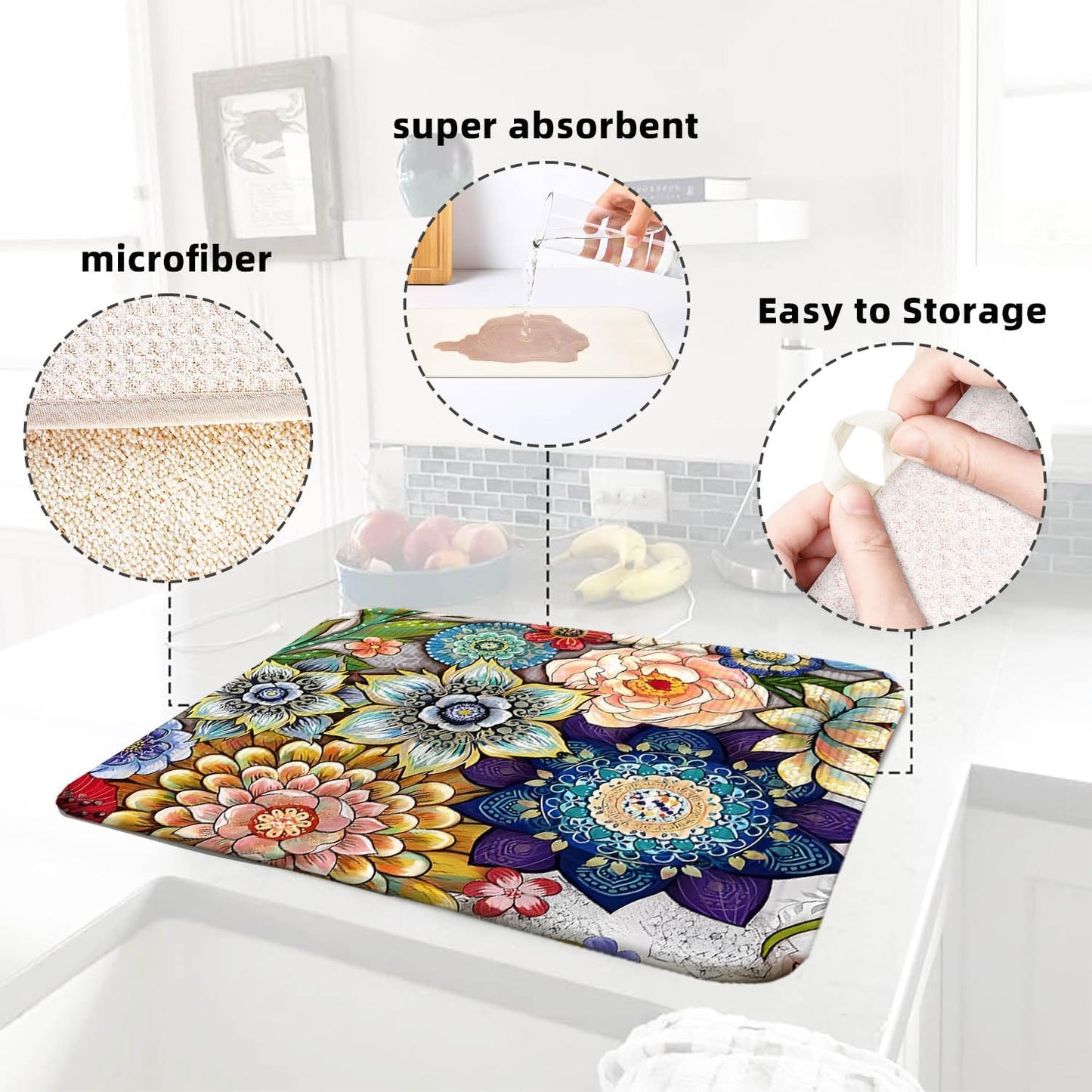 Boho Drying Mat 16" X 18" Boho Flower Kitchen Counter Stone Large Dish Drying Mats For Kitchen Counter Abstract Boho Floral Drying Mats For Home Counter Drying Mats For Dishes Table Mat Drying Mat