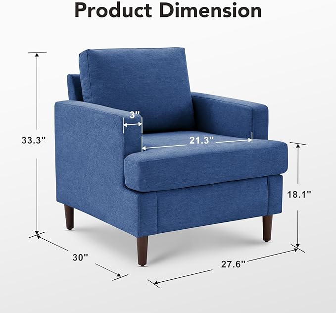 Weture Mid-Century Accent Chair,Modern Linen Fabric Armchair for Living Room,Comfy Upholstered Reading Accent Chairs for Bedroom,Single Sofa Chair with Wood Legs (Blue, 1 Pack)