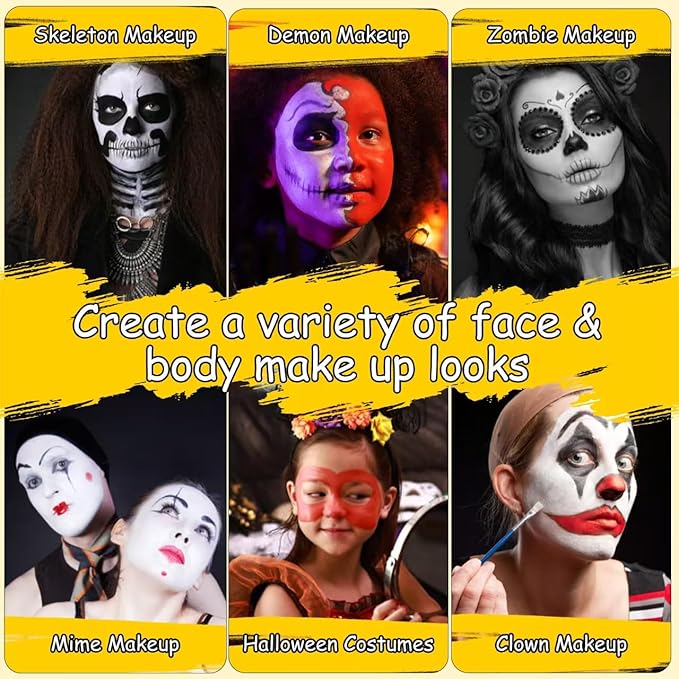 Halloween Makeup Kit, White + Black + Red Face Painting Kit for Adults 60g(2.1 oz), Body Paint Kit with Brushs for Halloween Makeup, Party, Cosplay, Theater