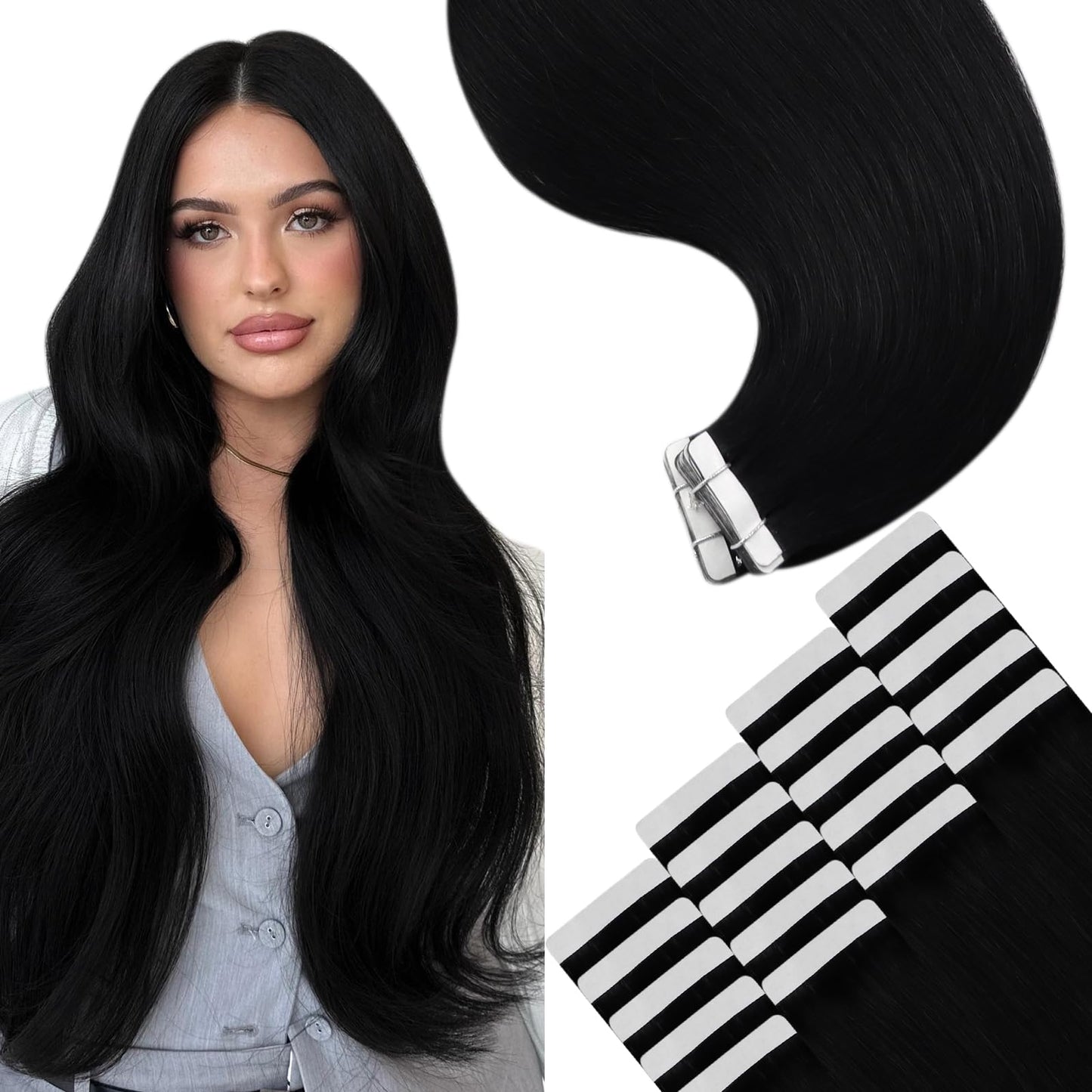 YoungSee Invisible Tape in Hair Extensions Black Human Hair Tape in Extensions Jet Black Tape ins Human Hair Extensions for Shor