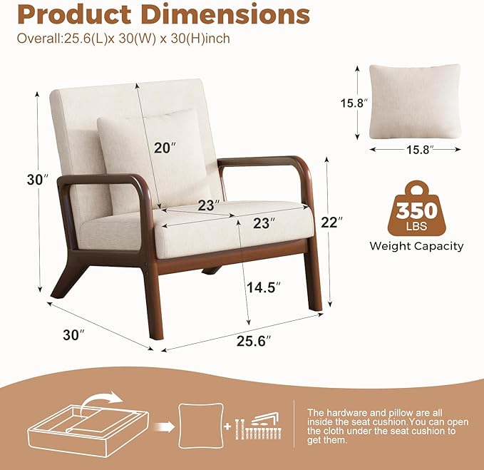 ELUCHANG Mid-Century Modern Chair,Accent Chair with Lumbar Pillow,Upholstered Armchair,Linen Fabric Comfy Reading Chair Beige, Linen, Set of 2