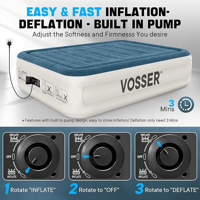 VOSSER Queen Air Mattress with Built-in Pump,18''Fast & Easy Inflation/Deflation Inflatable Mattress, Foldable Blow Up Mattress with Storage Bag, Inflatable Bed for Home, Camping & Guests