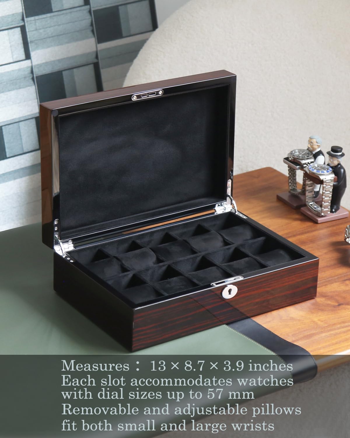 Bonaking 10-Slot Watch Storage Box with Windowless Lid, Ebony Wood Grain, High Gloss Finish, Lock & Velvet Interior, Fits Watches up to 57mm – Luxury Watch Organizer Gift for Men