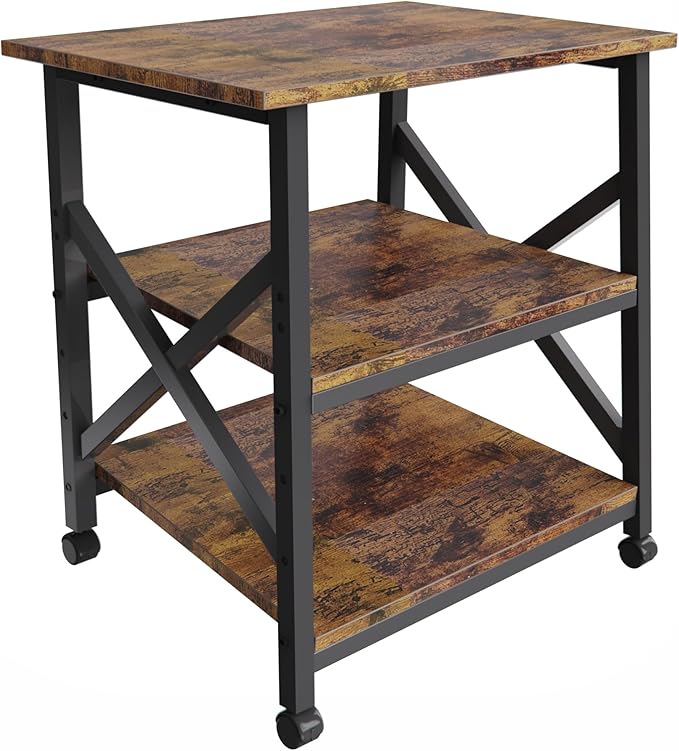 MILEFA Large 23.6 x 23.6 Inches Printer Stand with 3 Tiers, Height Adjustable Storage Shelf, Rolling Printer Cart with Industrial Wheels - Rustic Brown Home Office Printer Table