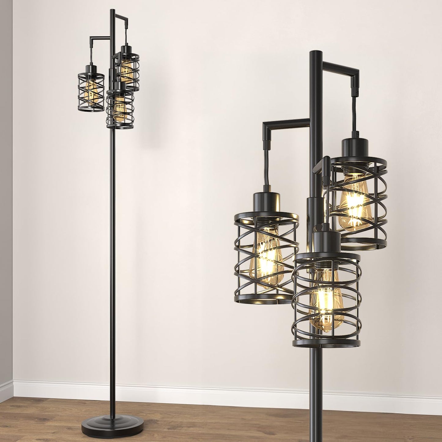 Oneach 70" Industrial Floor Lamp, Stepless Dimmable Standing Lamp with 3 Bulbs, Farmhouse Corner Standing Tree Lamp for Living Room, Tall Lamps for Bedroom, Office, Study Room, Dining Room, Black