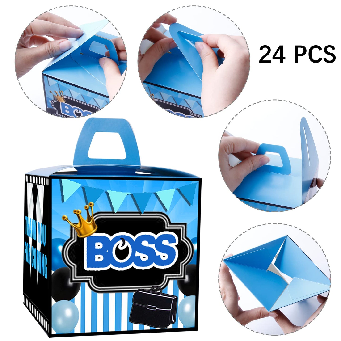 HAPPARTY BOSS Party Favor Gift Boxes 24 PCS,Blue BOSS Boy Goodie Candy Treat Boxe For 1st 2nd Birthday Decorations Supplies