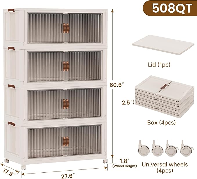 SAILUN 127Gal/508Qt Stackable Storage Bins Folding Collapsible Storage Bins with Lid, Closet Organizers and Storage Box with Door Beige 28" W x 17" D x 61" H