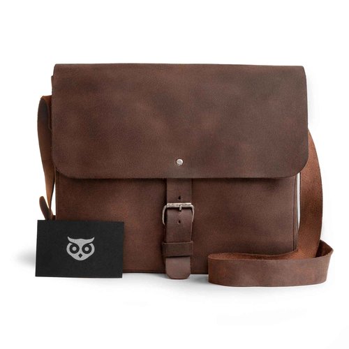 Hide & Drink, Small Messenger Bag, Rectangular Bag with Adjustable Shoulder Strap, Crossbody Bag, Travel Accessory, Full Grain Leather, Handmade, Bourbon Brown