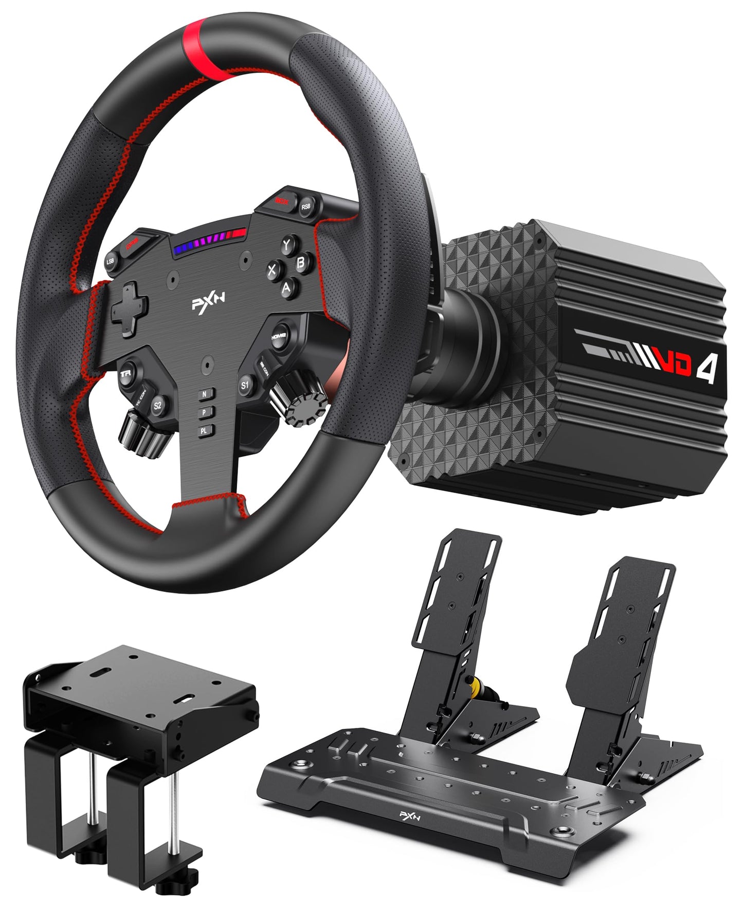 PXN VD4 Direct Drive Racing Wheel Bundle – 4Nm Servo Motor Base, 11 in Steering Wheel with Quick Release, Hall Effect Pedals, Table Clamp, PC Tuning Software Support, Racing Simulator Set for Windows