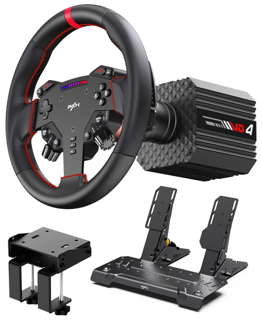 PXN VD4 Direct Drive Racing Wheel Bundle – 4Nm Servo Motor Base, 11 in Steering Wheel with Quick Release, Hall Effect Pedals, Table Clamp, PC Tuning Software Support, Racing Simulator Set for Windows