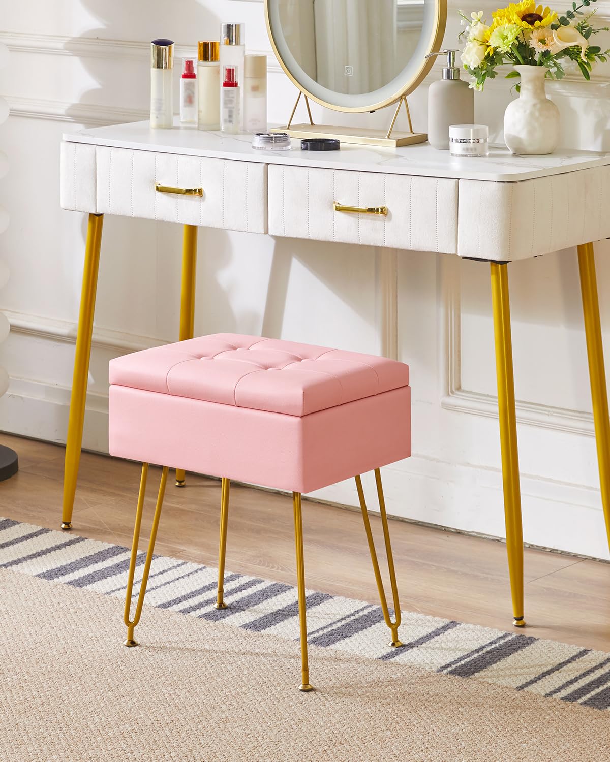 IBUYKE Multifunctional Storage Vanity Stool with Flip Tabletop, Adjustable Metal Legs & PU Leather - 40x30x48cm Ottoman Footrest for Makeup, Living Room, Entryway, Pink WBD014P