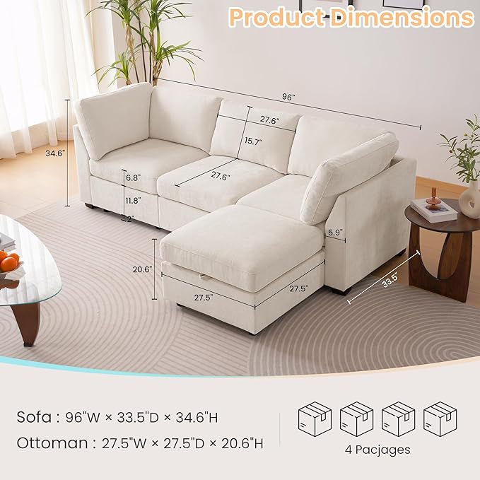 TEKAMON 96" Modular Sectional Sofa with Ottoman,Large Comfy Cloud Deep Seat,Reversible Chaise Modular Sectional Couches for Living Room and Apartmenr,Beige 3seater