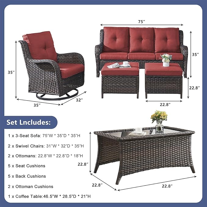 Rilyson Wicker Patio Furniture Set - 6 Piece Rattan Outdoor Sectional Conversation Sets with 2 Rocking Chair,2 Ottoman,1 Sofa and 1 Coffee Table for Porch Deck Garden(Brown/Red)