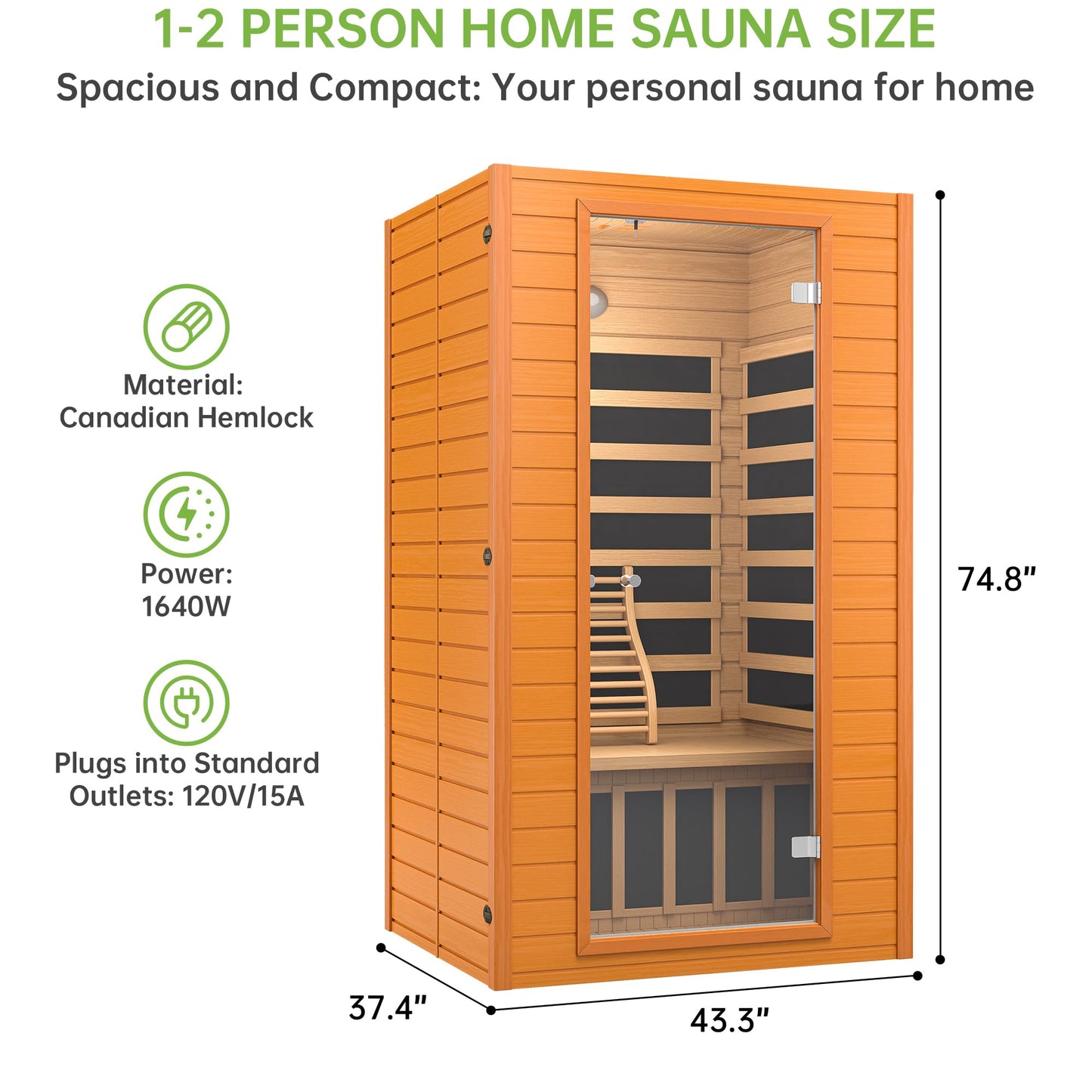 Real Relax Infrared Sauna for Home, Home Infrared Saunas up to 1-2 Persons, Canadian Hemlock Wooden Indoor Dry Sauna Room with Low Emf Red Light Therapy, 9-Color Chromotherapy Lights