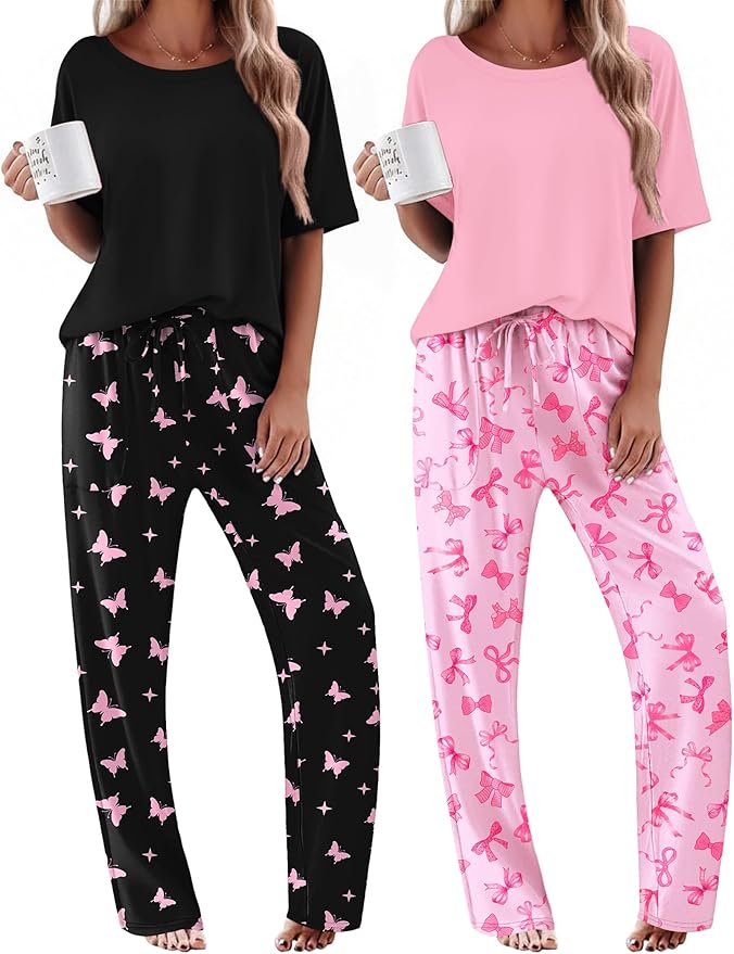 Ekouaer 2 Pack Womens Pajama Sets Short Sleeve Tops and Long Pants Casual Comfy Pjs Lounge Set with Pockets,S-XXL