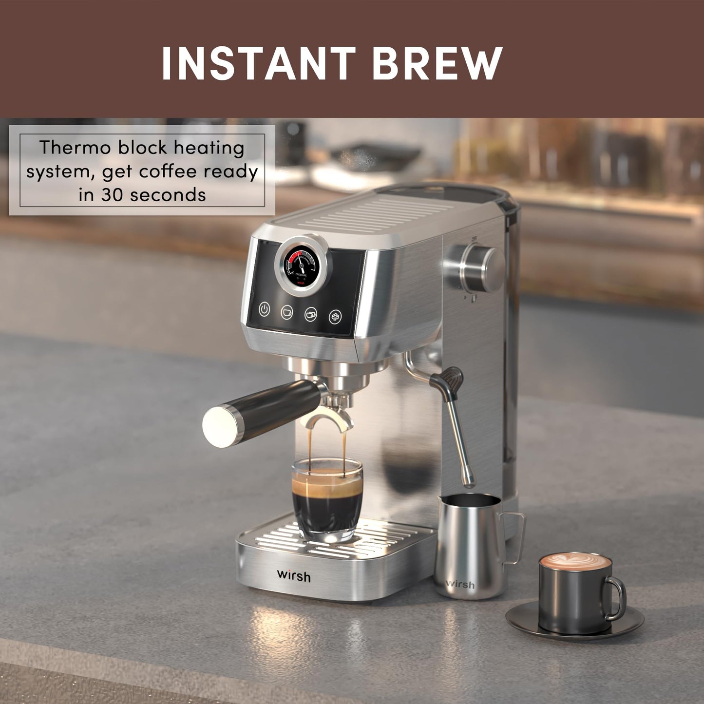 wirsh Espresso Machine,20 Bar Semi-Automatic Espresso Maker with Milk Frother Steamer&Touch Screen,Compact Stainless Steel Expresso Machine for Latte & Cappuccino,42oz Tank,UPGRADE