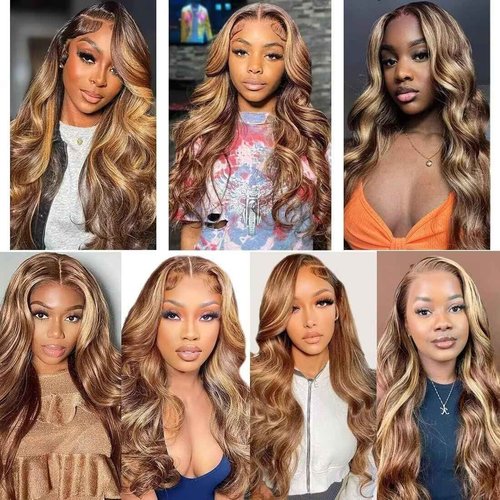 24 Inch Honey Blonde Ombre Highlight 13x6 Lace Front Wigs Human Hair 180% Density HD Transparent Pre Plucked Body Wave Lace Front Wigs Glueless #4/27 Colored Human Hair Wig for Women