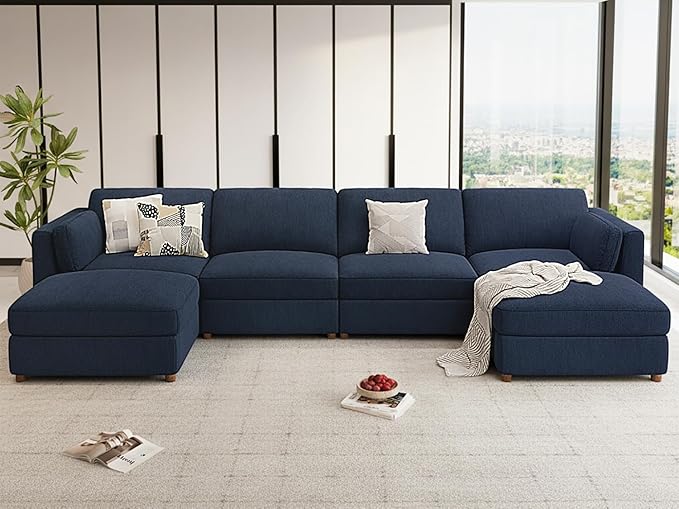 CUGOAO 153.4'' Modular Sectional Sofa, Oversized U-Shaped Sectional Couch with Ottoman, Deep Seat Chenille Cloud Couch, Mordern Upholstered Couches for Living Room, Apartment, Office, Blue