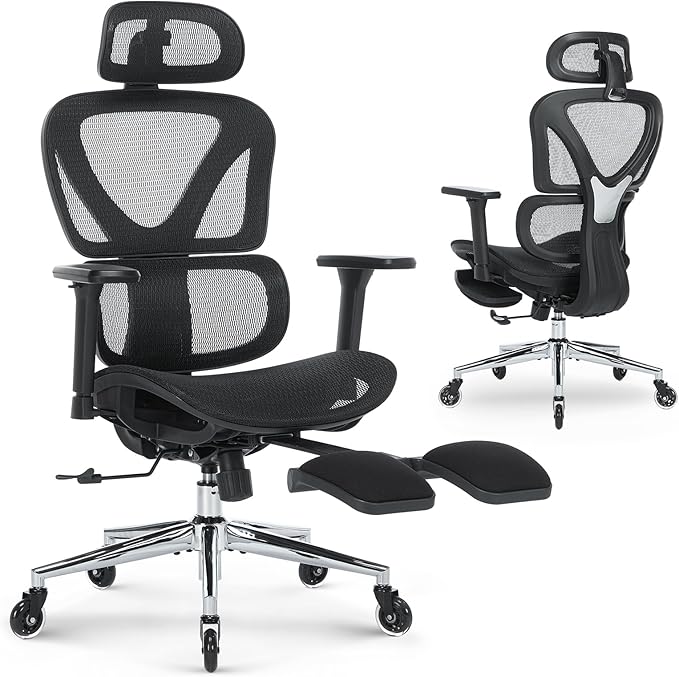 MALOL Ergonomic Office Chair with Footrest, Mesh Home Office Computer Chair with Adjustable Headrest and 3D Arms, Backrest Height, Tilt Lock and Lumbar Support, 300LBS