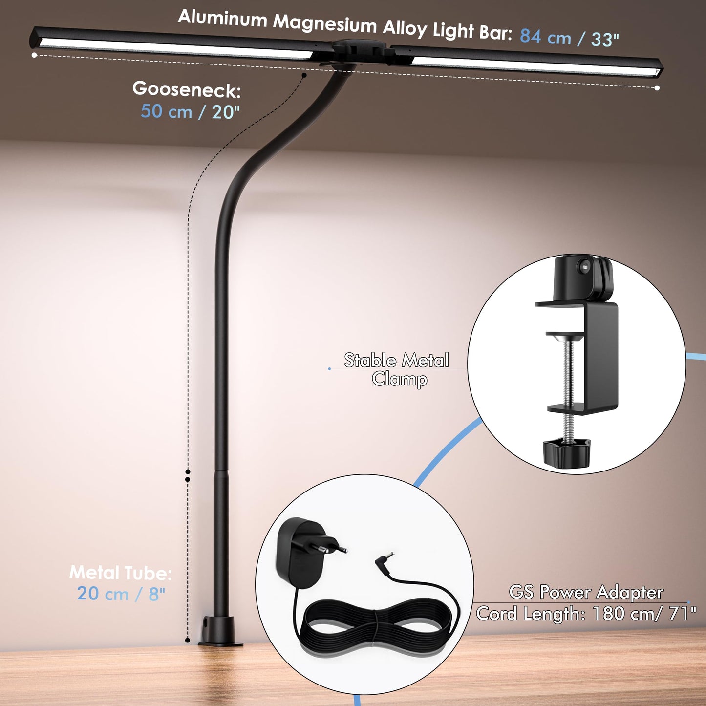 EYOCEAN Desk Lamp with Clamp, 31.5" LED Desk Lamp for Home Office, 24W Gesture Sensing Control Desk Light, Dimmable & Color Temperature, Eye-Caring Office Lamp, Brightest Architect Lamp for Screen