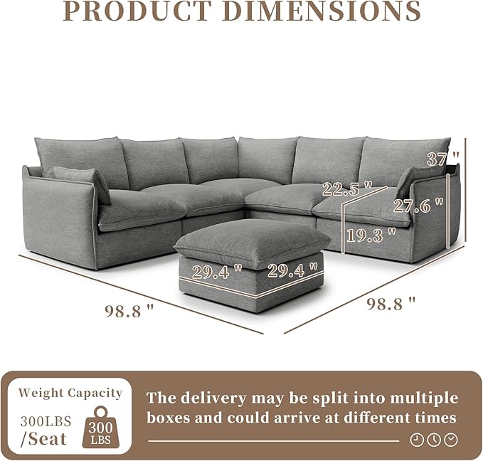 Gtilzria Waterproof Cloud Sectional Couches for Living Room,High Backrest Down Filled Couch,6 Seater Oversized Modular U-Shaped Sofas with Ottoman,Detachable Sofa Covers,Dark Grey