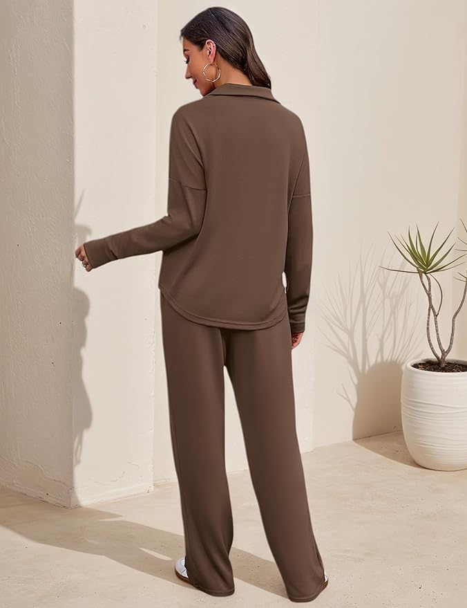 Totatuit Womens Sweatsuits 2 piece Set Lapel Half Zip Lightweight Sweatshirts and Wide Leg Pants Tracksuit Lounge Sets